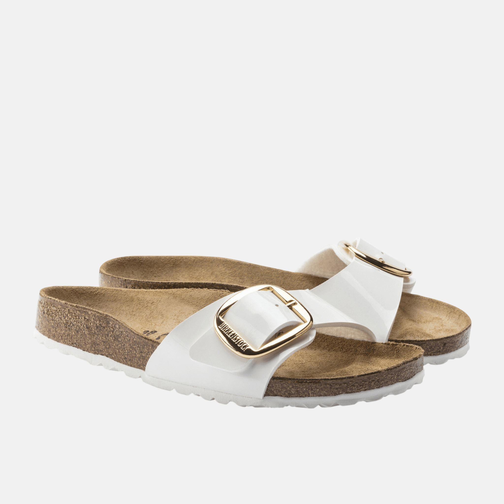 Papuci narrow Birkenstock Madrid Big Buckle Birko-Flor Patent alb-auriu