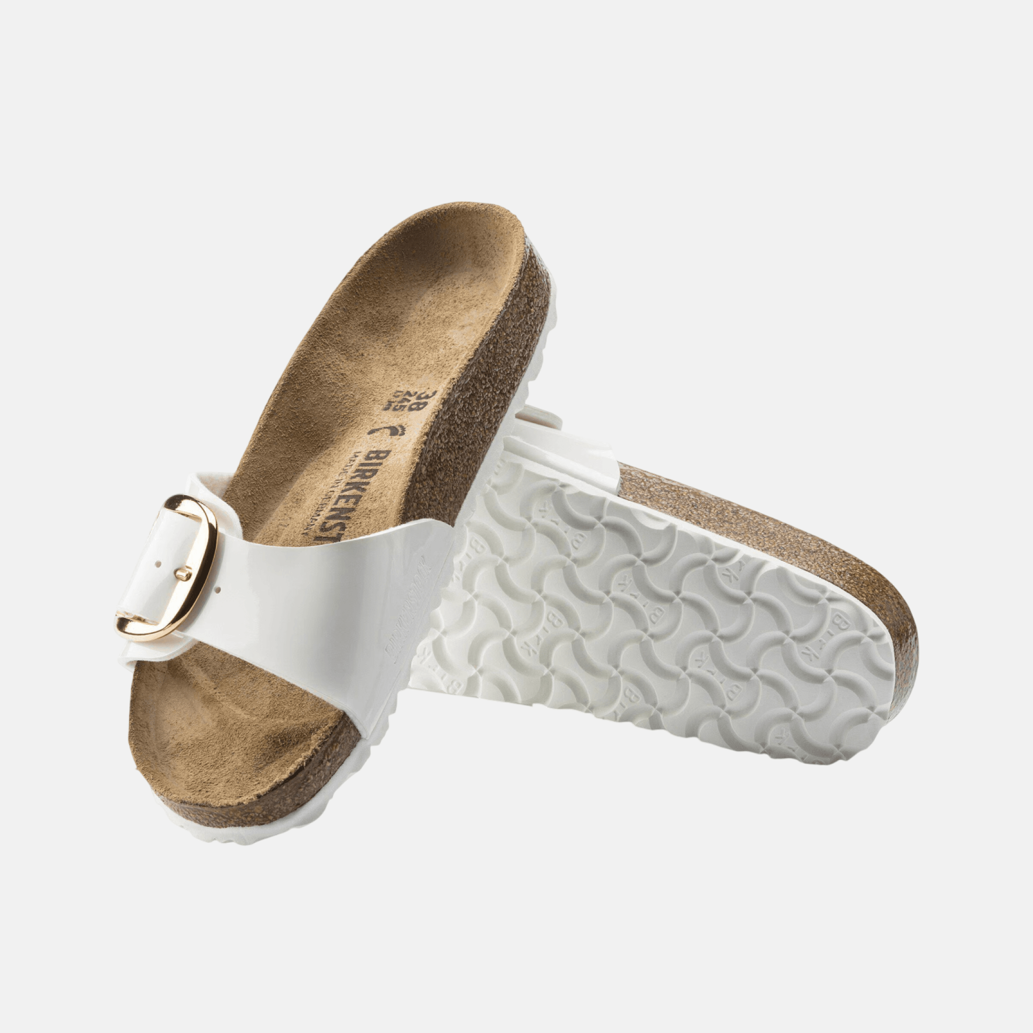 Papuci narrow Birkenstock Madrid Big Buckle Birko-Flor Patent alb-auriu