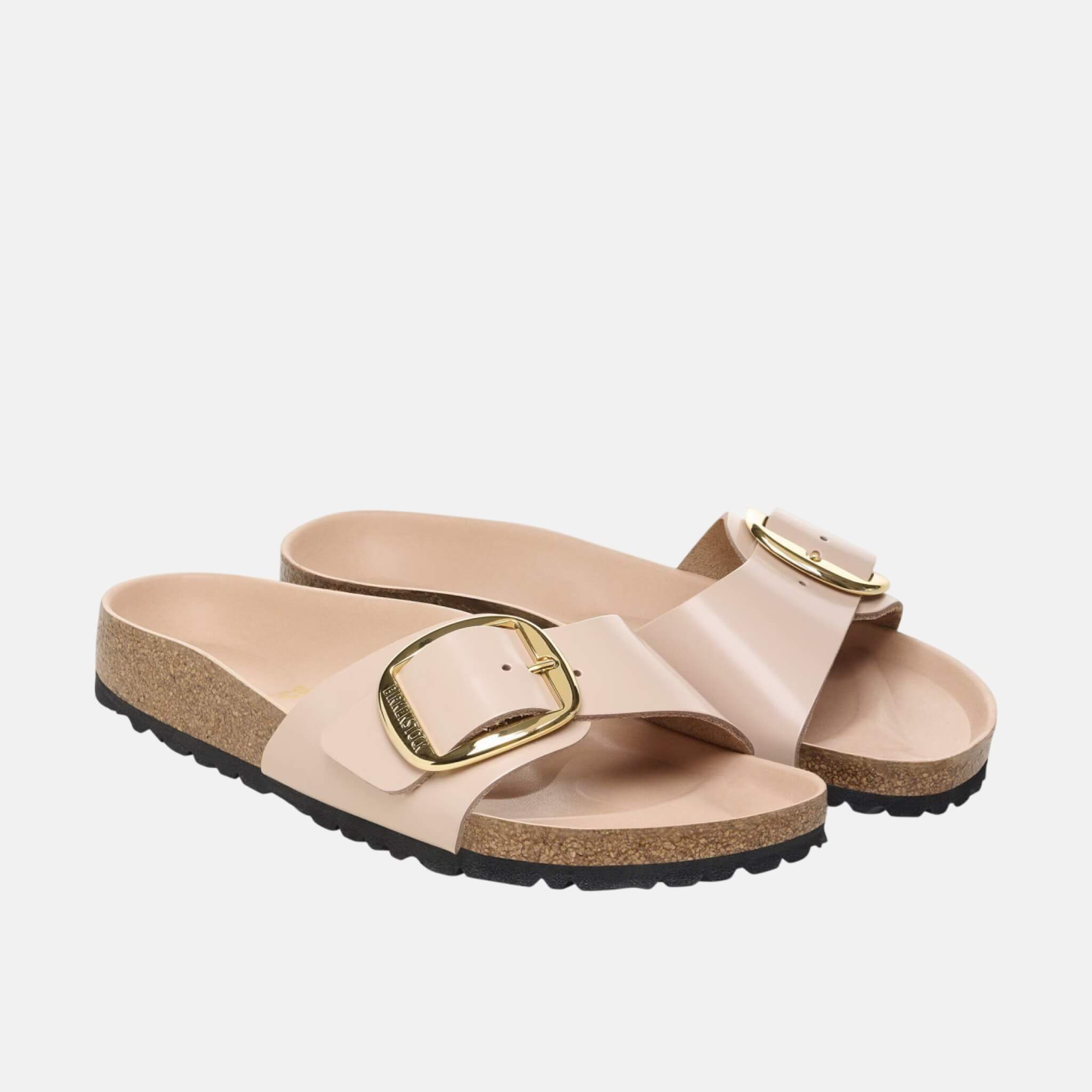 Papuci regular Birkenstock Madrid Big Buckle Natural Leather Patent bej-auriu