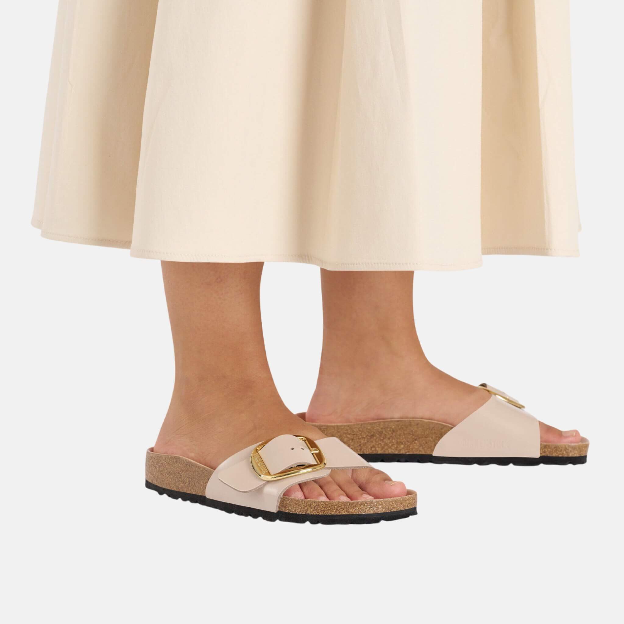 Papuci regular Birkenstock Madrid Big Buckle Natural Leather Patent bej-auriu