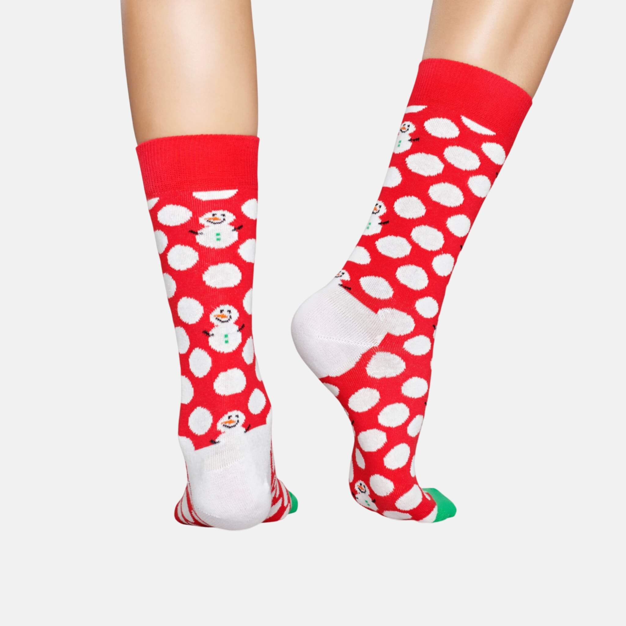 Șosete roșii Happy Socks cu buline albe și oameni de zăpadă, model Big Dot Snownam