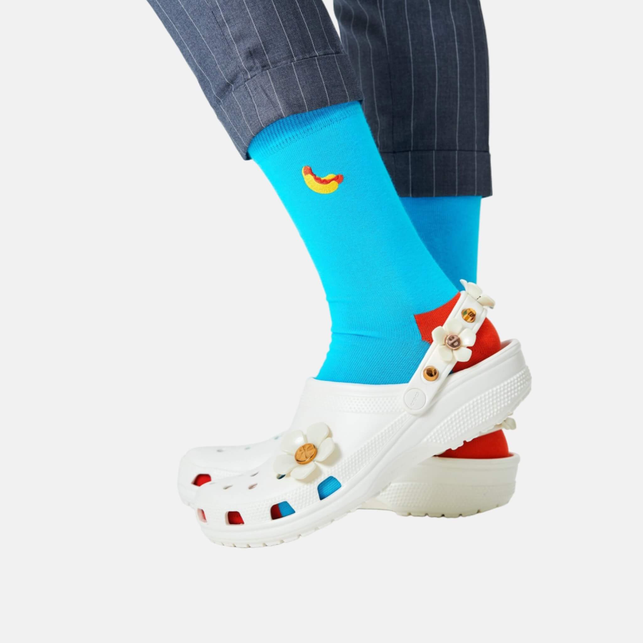 Șosete albastre Happy Socks cu hot dog brodat, model Hot Dog