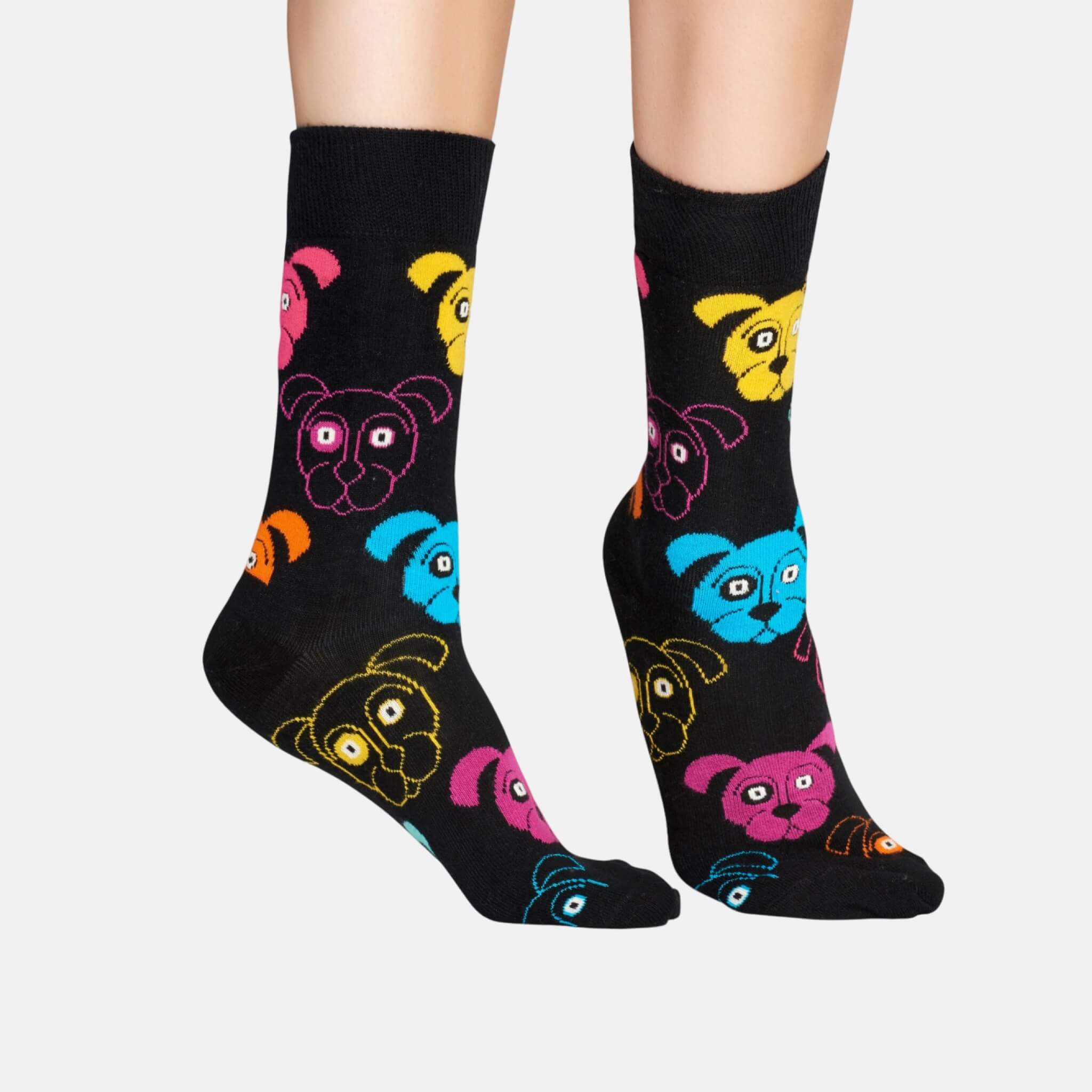 Șosete negre Happy Socks cu căței colorați, model Animal