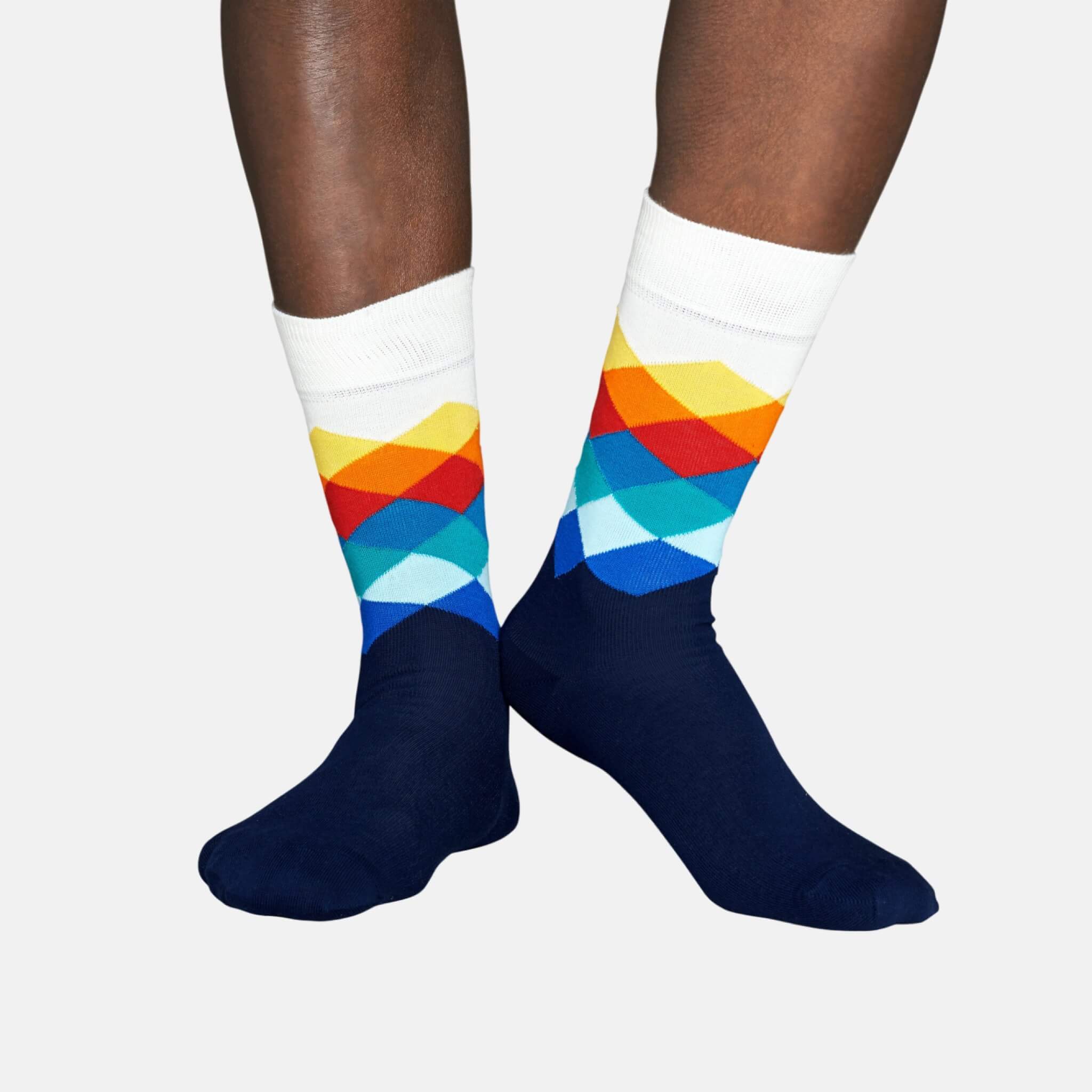 Șosete albastru-alb Happy Socks cu romburi colorate, model Faded Diamond