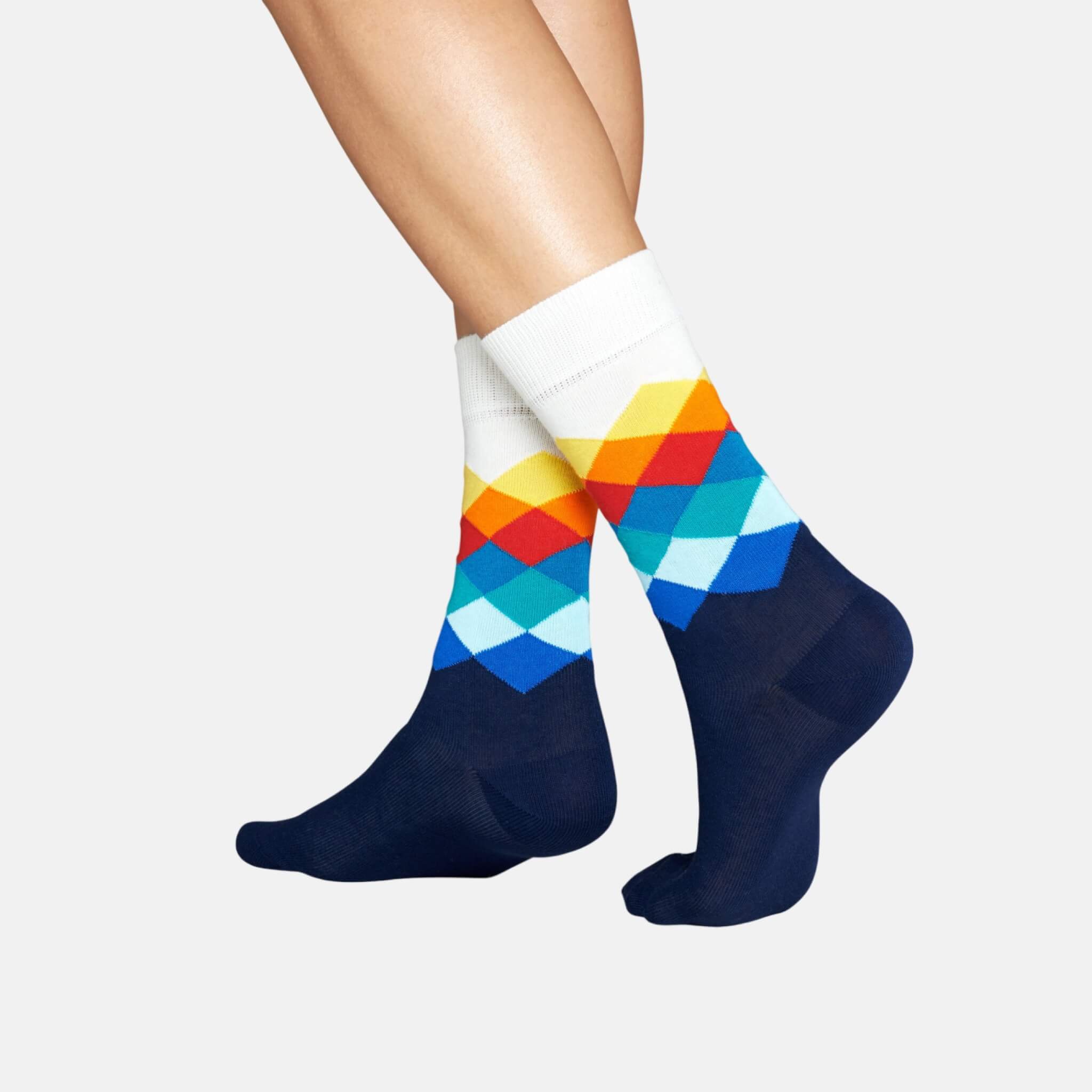 Șosete albastru-alb Happy Socks cu romburi colorate, model Faded Diamond