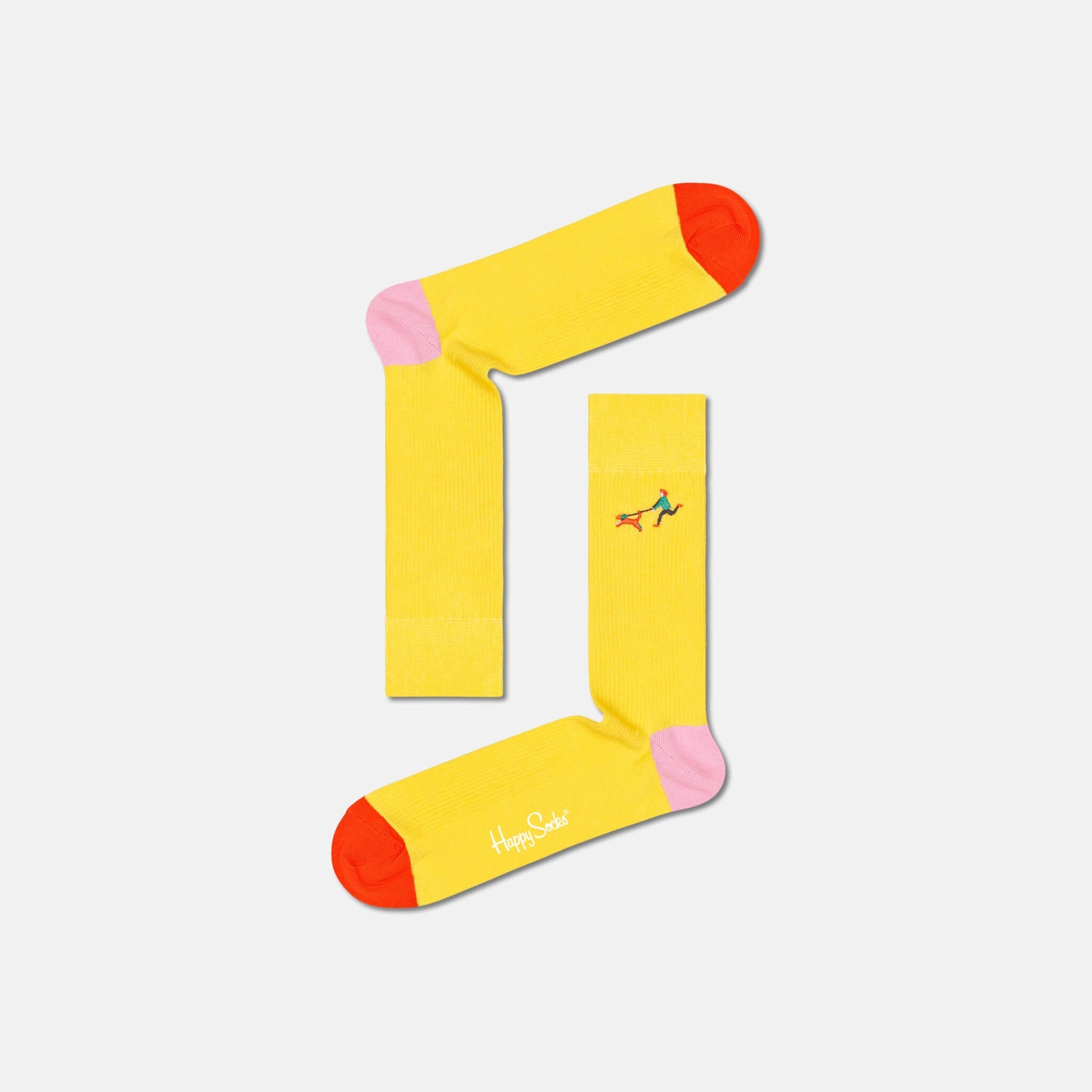Șosete galbene cu nervuri Happy Socks cu om care plimbă câinele, model Run The Dog