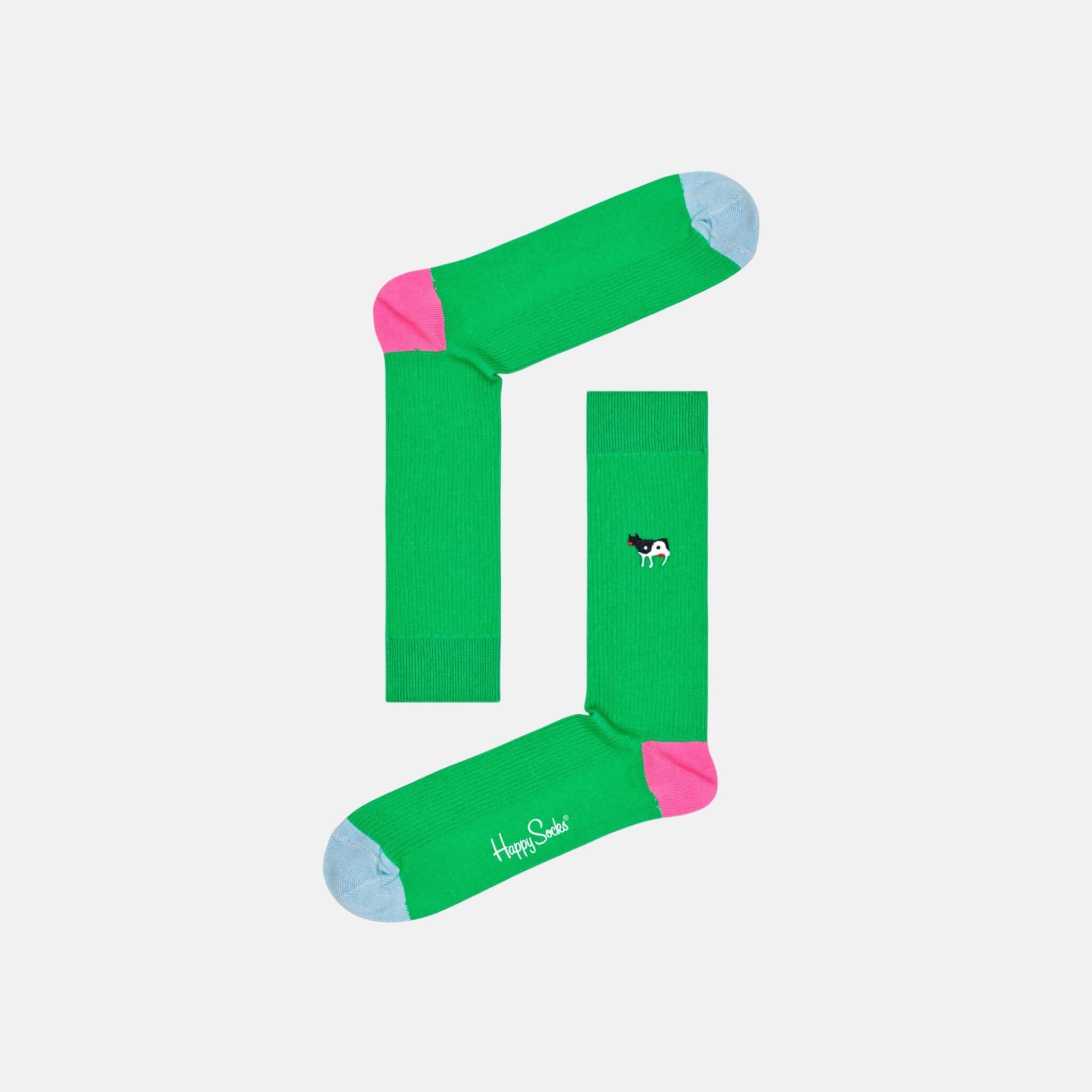 Șosete verzi cu nervuri Happy Socks cu vacă brodată, model Yin Yang Cow