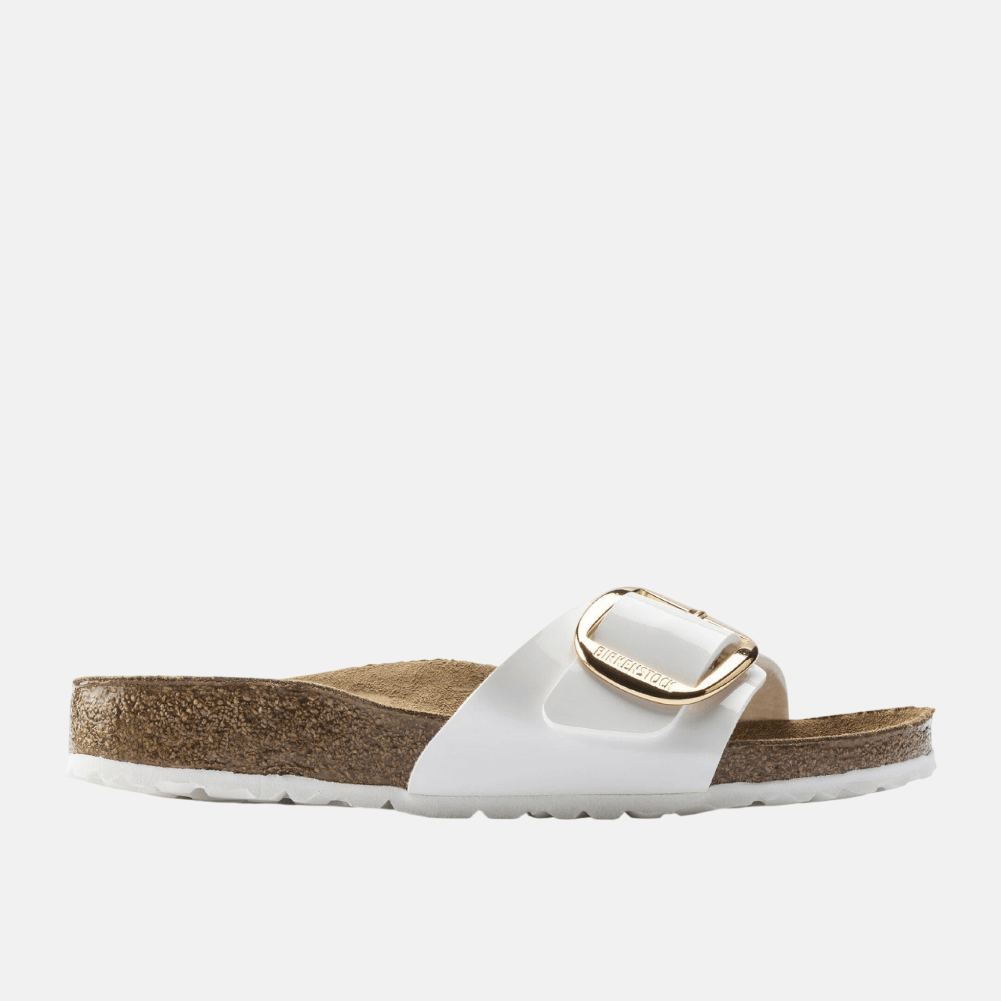 Papuci narrow Birkenstock Madrid Big Buckle Birko-Flor Patent alb-auriu