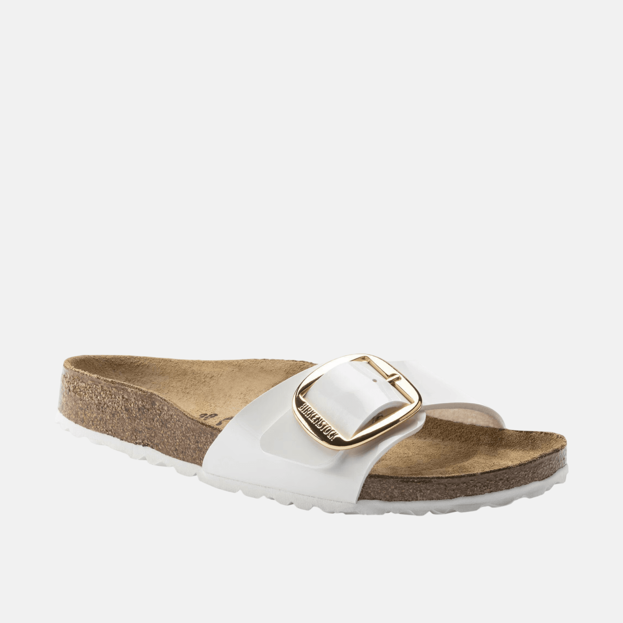 Papuci narrow Birkenstock Madrid Big Buckle Birko-Flor Patent alb-auriu