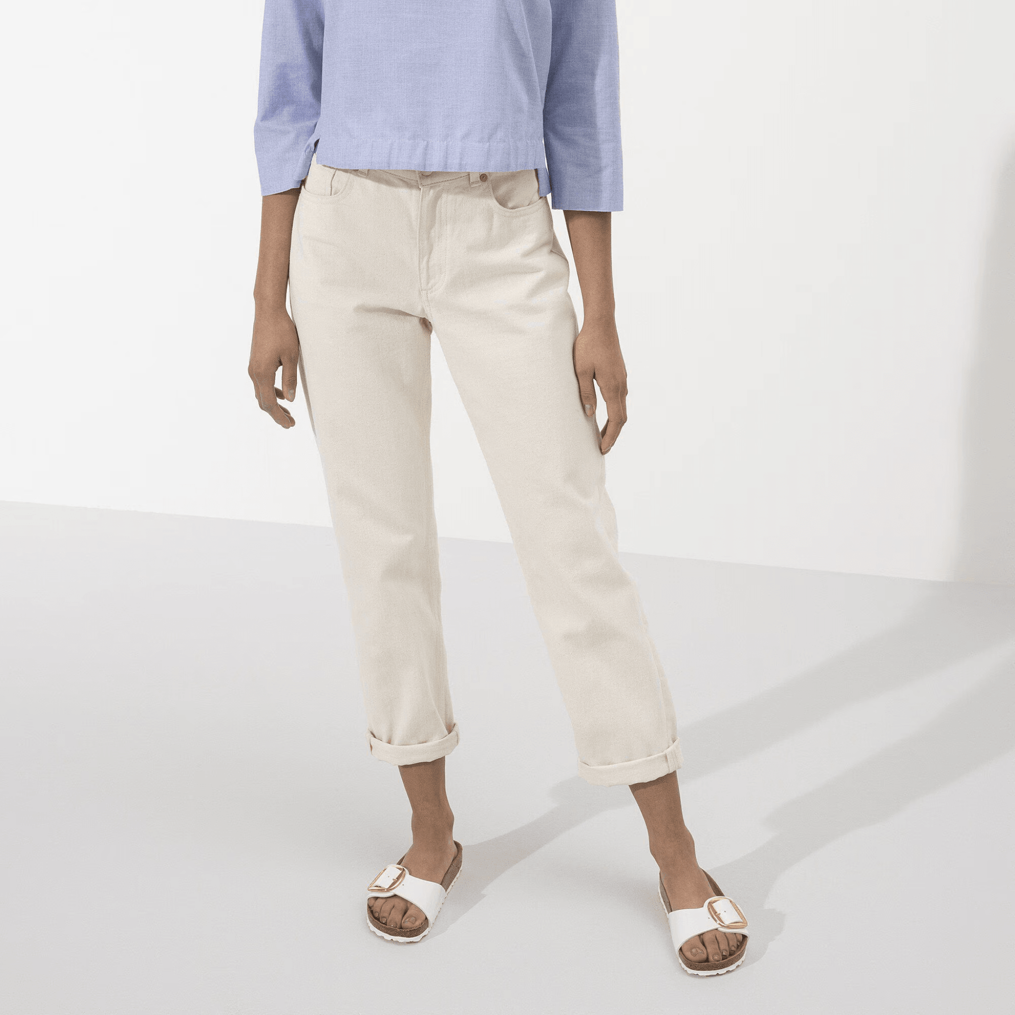 Papuci narrow Birkenstock Madrid Big Buckle Birko-Flor Patent alb-auriu