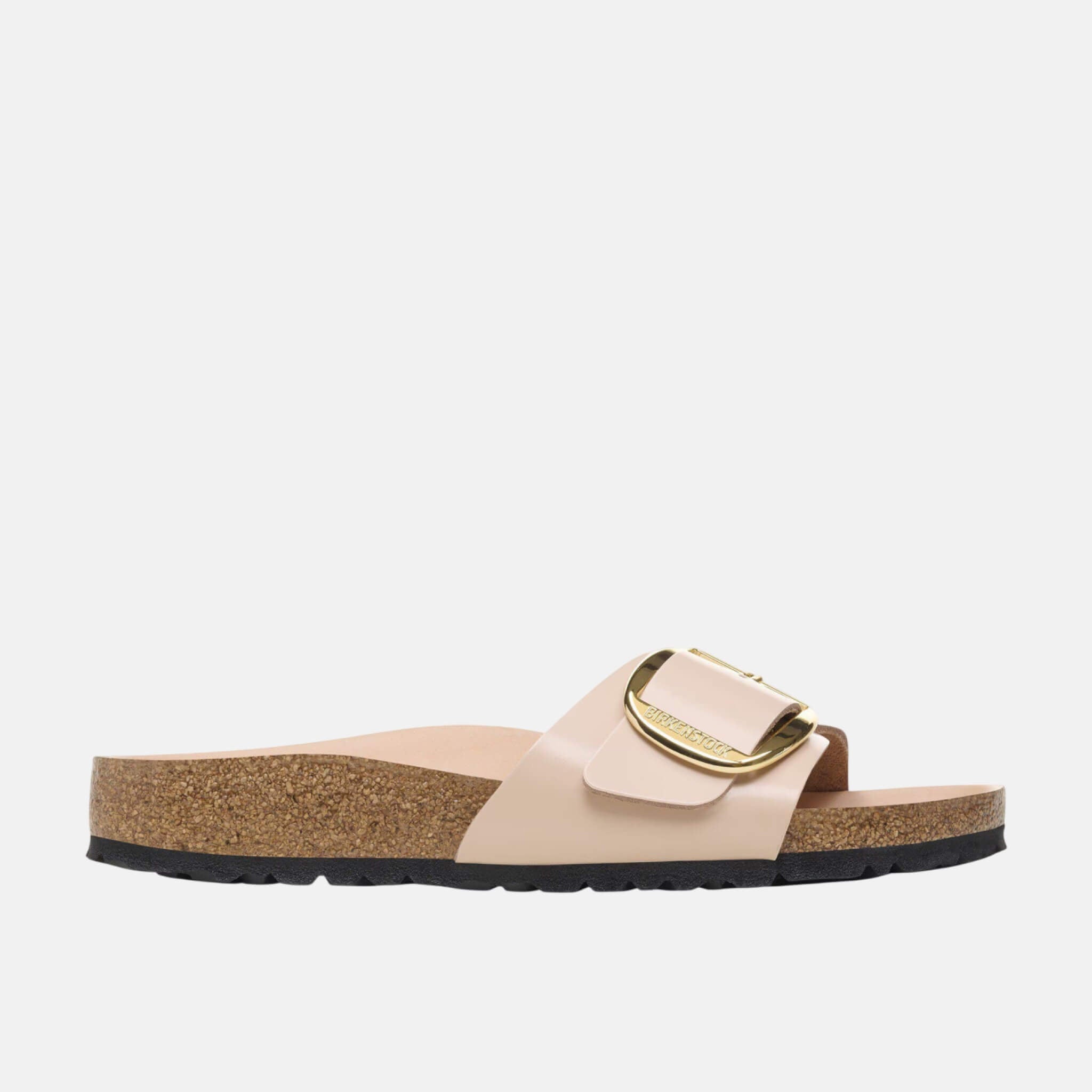 Papuci regular Birkenstock Madrid Big Buckle Natural Leather Patent bej-auriu