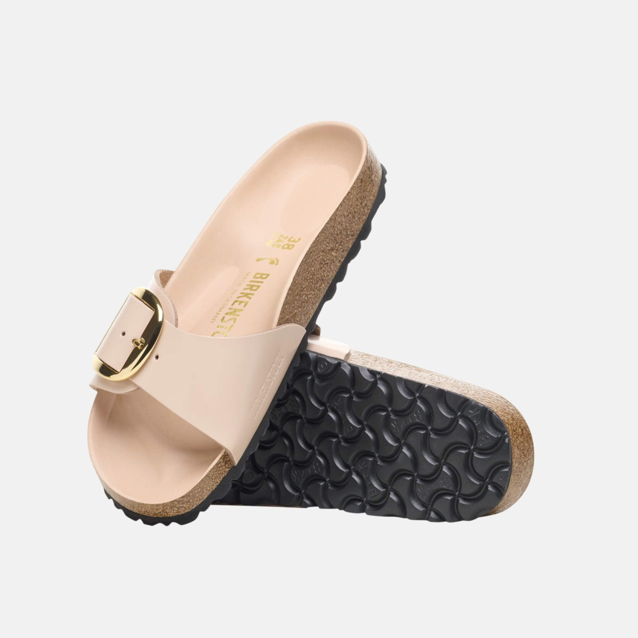 Papuci regular Birkenstock Madrid Big Buckle Natural Leather Patent bej-auriu