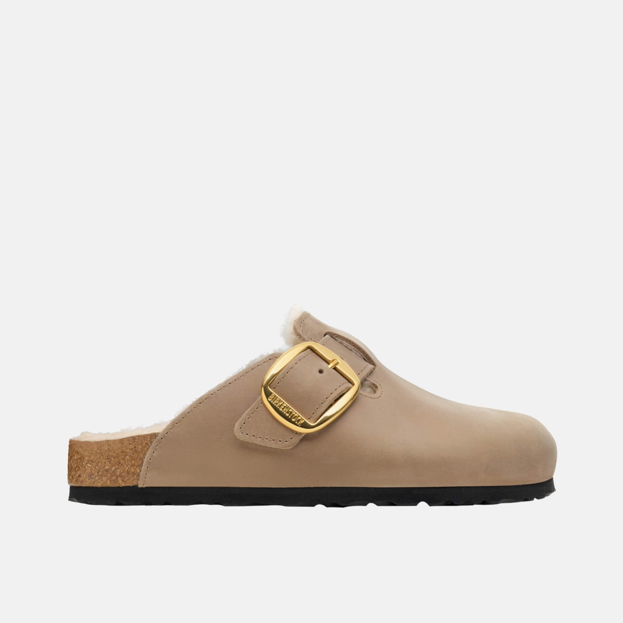 Saboți narrow Birkenstock Boston Big Buckle Shearling Natural Oiled Leather maro