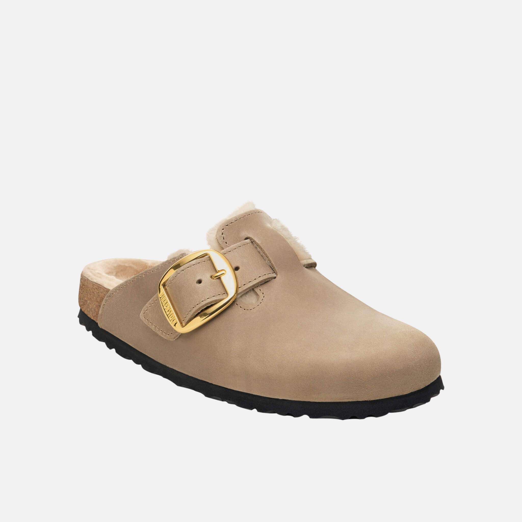 Saboți narrow Birkenstock Boston Big Buckle Shearling Natural Oiled Leather maro
