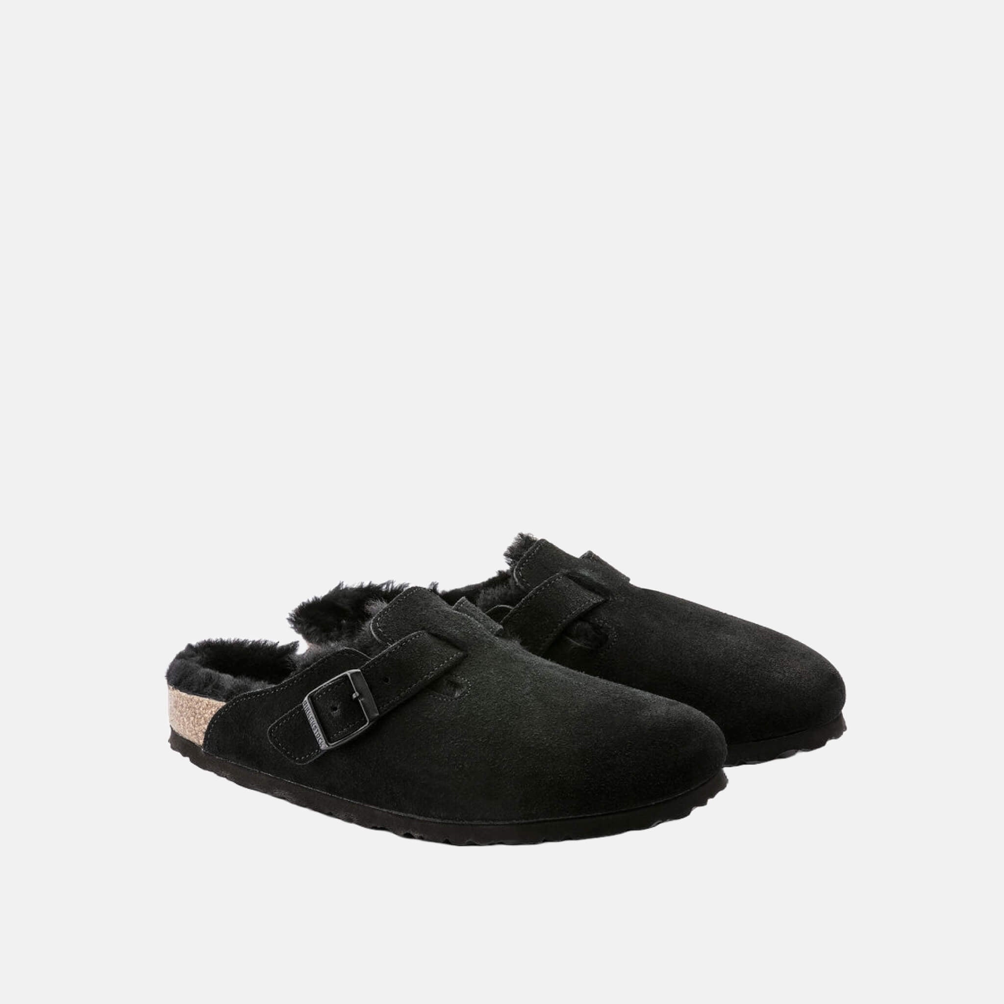 Papuci Birkenstock Boston Shearling Suede Leather negru