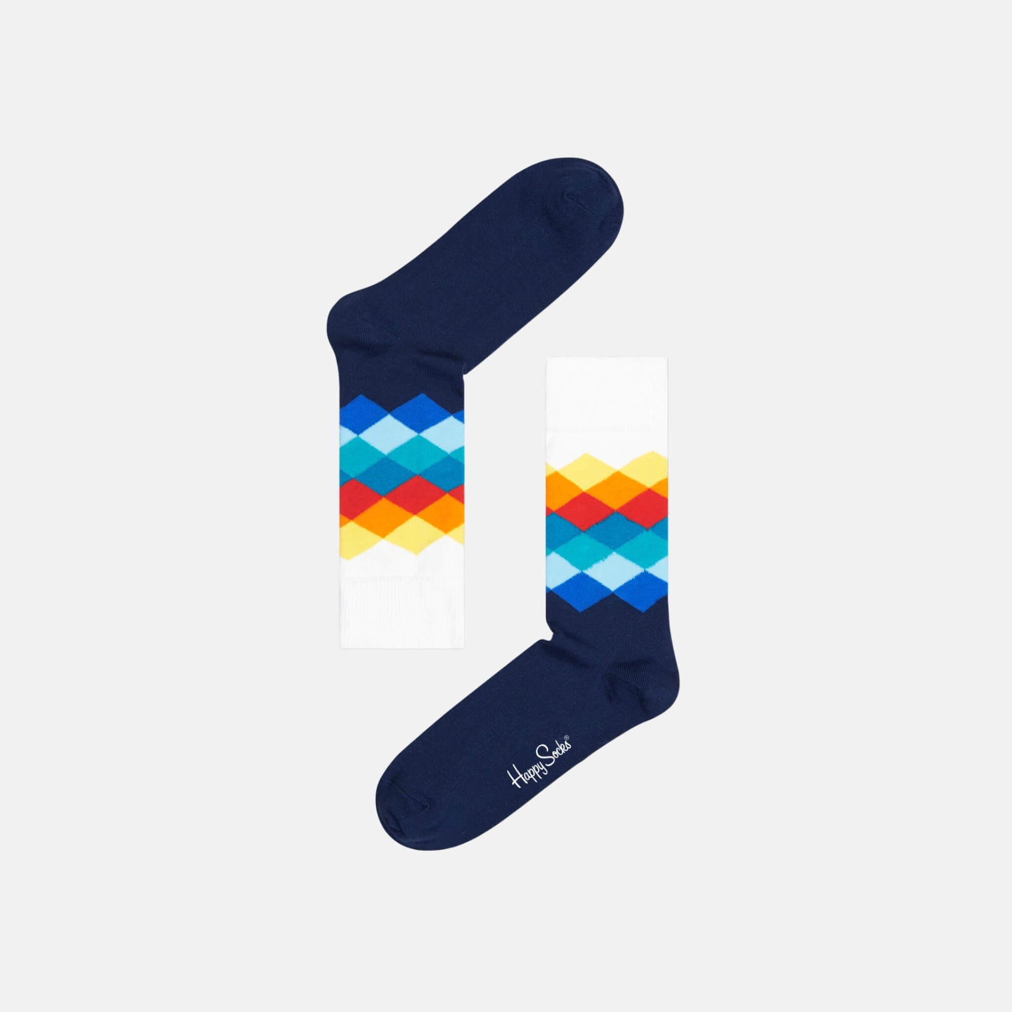 Șosete albastru-alb Happy Socks cu romburi colorate, model Faded Diamond