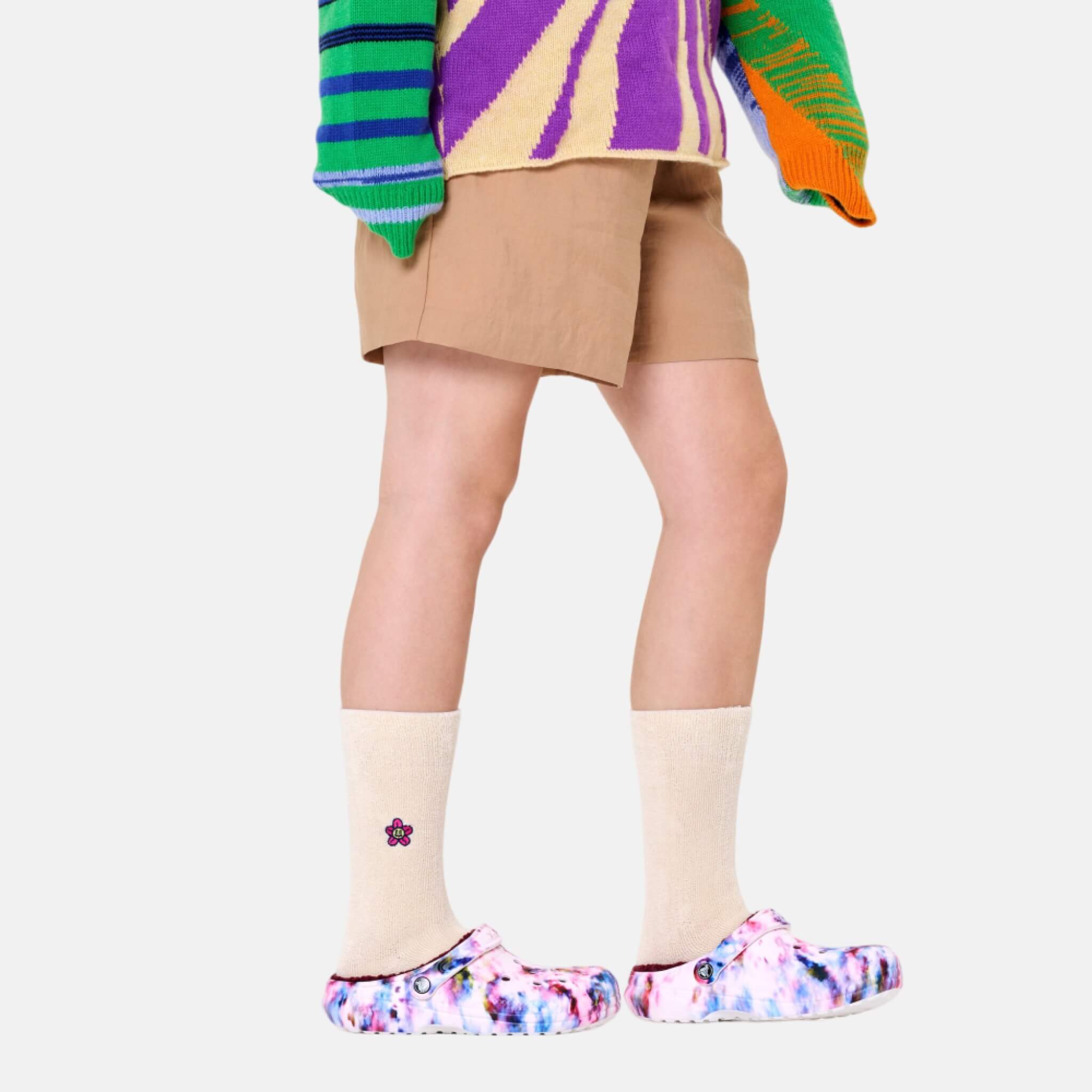 Șosete bej Happy Socks cu flori brodate, model Flower
