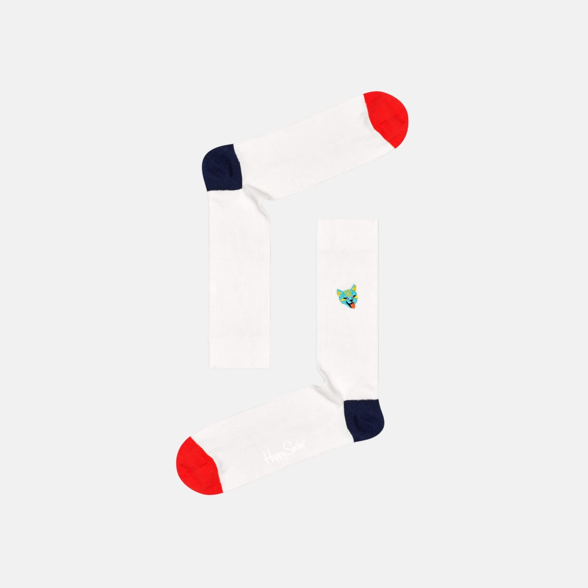 Șosete albe cu nervuri Happy Socks cu pisică brodată, model Embroidery Cat