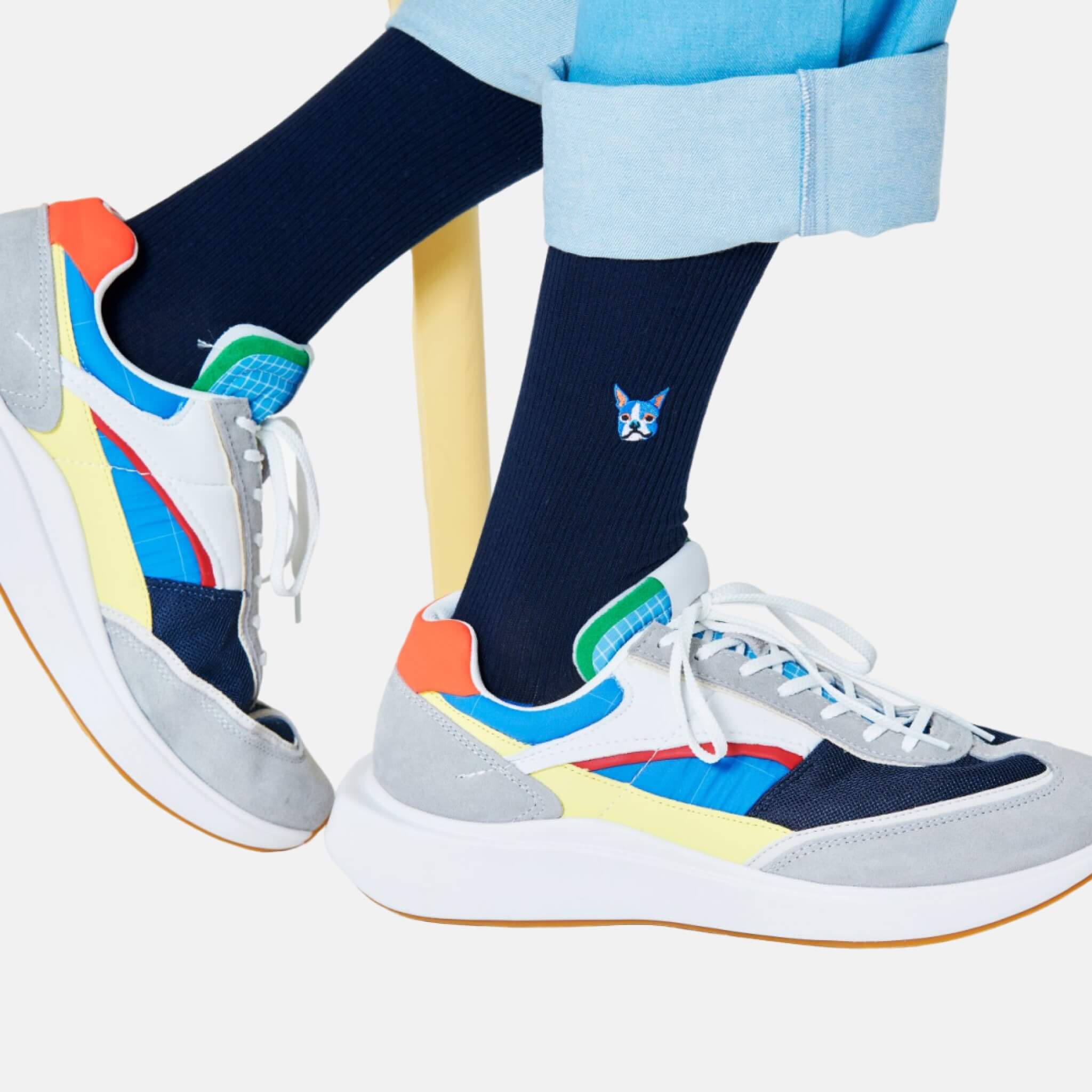 Șosete albastru închis cu nervuri Happy Socks cu cățel brodat, model Embroidery Dog